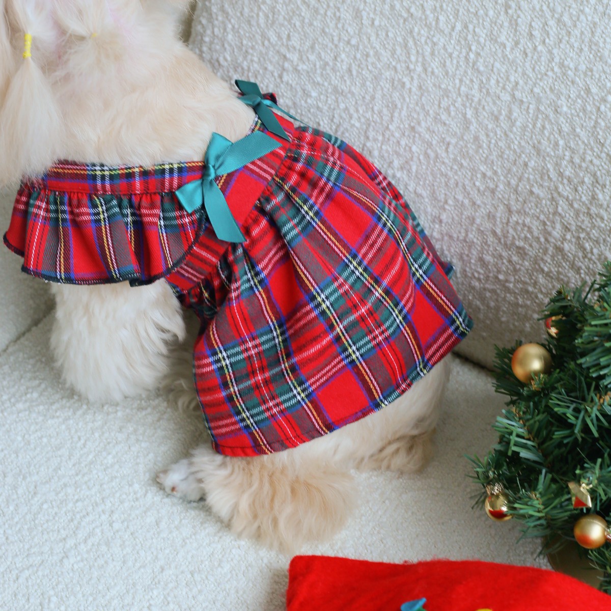 Red Tartan Pattern  Plaid Dog Dress with Turquoise Bow